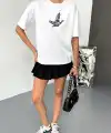 KADIN Baskılı T-Shirt Kısa Kol Bisiklet Yaka Regular Fit Yazlık Tişört - Beyaz