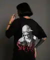 Kadın Baskılı T-Shirt Oversize Kısa kol Bisiklet yaka tişort- Siyah