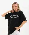Kadın Baskılı Tişört Kısa Kol Bisiklet Yaka Oversize T-Shirt - Siyah