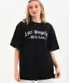 Kadın Baskılı Tişört Kısa Kol Bisiklet Yaka Oversize T-Shirt - Siyah