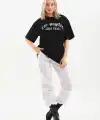 Kadın Baskılı Tişört Kısa Kol Bisiklet Yaka Oversize T-Shirt - Siyah