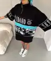 Kadın Baskılı Yarım Fermuarlı Kısa kol T-Shirt - Siyah