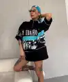 Kadın Baskılı Yarım Fermuarlı Kısa kol T-Shirt - Siyah