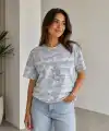 Kadın Batik Desenli Tişört Bisiklet Yaka Kısa Kol Regular Fit T-shirt - Gri