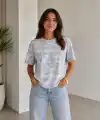 Kadın Batik Desenli Tişört Bisiklet Yaka Kısa Kol Regular Fit T-shirt - Gri