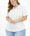 Kadın Battal Beden Tişört Polo Yaka Pike Kumaş Kısa Kol T-Shirt - Beyaz
