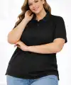 Kadın Battal Beden Tişört Polo Yaka Pike Kumaş Kısa Kol T-Shirt - Siyah