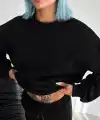 Kadın Bisiklet Yaka 3 İplik Pamuklu Basic SweatShirt - Siyah