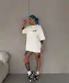 Kadın Bisiklet Yaka Baskılı Kısa kol Oversize T-Shirt - Beyaz
