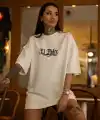 kadın Bisiklet Yaka Baskılı  Kısa kol Oversize T-Shirt - Beyaz