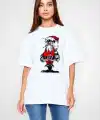 kadın Bisiklet Yaka Baskılı  Kısa kol Oversize T-Shirt - Beyaz