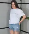 Kadın Bisiklet Yaka Baskılı Kısa kol Oversize T-Shirt- Beyaz
