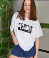 Kadın Bisiklet Yaka Baskılı  Kısa kol Oversize T-Shirt - Beyaz