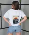 Kadın Bisiklet Yaka Baskılı Kısa kol Oversize T-Shirt- Beyaz