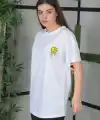 Kadın Bisiklet Yaka Baskılı Kısa kol Oversize T-Shirt - Beyaz