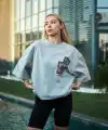kadın Bisiklet Yaka Baskılı Kısa kol Oversize T-Shirt - Boyalı Gri