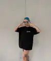 Kadın Bisiklet Yaka Baskılı kısa kol Oversize T-Shirt - Siyah