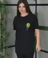 Kadın Bisiklet Yaka Baskılı  Kısa kol Oversize T-Shirt - Siyah