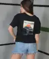 Kadın Bisiklet Yaka Baskılı Kısa kol Oversize T-Shirt - Siyah