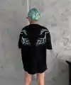 Kadın Bisiklet Yaka Baskılı  Kısa kol Oversize T-Shirt - Siyah