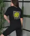 Kadın Bisiklet Yaka Baskılı  Kısa kol Oversize T-Shirt - Siyah