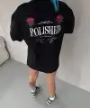 Kadın Bisiklet Yaka Baskılı kısa kol Oversize T-Shirt - Siyah
