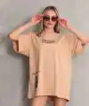 kadın Bisiklet Yaka Baskılı Oversize Kısa kol T-Shirt - Bej
