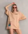 kadın Bisiklet Yaka Baskılı Oversize Kısa kol T-Shirt - Bej