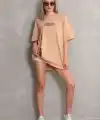 kadın Bisiklet Yaka Baskılı Oversize Kısa kol T-Shirt - Bej