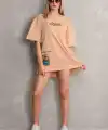 kadın Bisiklet Yaka Baskılı Oversize Kısa kol T-Shirt - Bej
