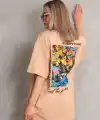 kadın Bisiklet Yaka Baskılı Oversize Kısa kol T-Shirt - Bej