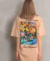 kadın Bisiklet Yaka Baskılı Oversize Kısa kol T-Shirt - Bej