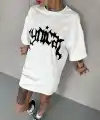 kadın Bisiklet Yaka Baskılı Oversize  Kısa kol T-Shirt - Beyaz