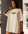 Kadın Bisiklet Yaka Baskılı Oversize  Kısa kol T-Shirt - Beyaz