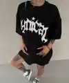 kadın Bisiklet Yaka Baskılı Oversize Kısa kol  T-Shirt - Siyah