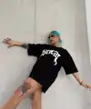 kadın Bisiklet Yaka Baskılı Oversize Kısa kol  T-Shirt - Siyah
