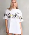 kadın Bisiklet Yaka Baskılı Oversize T-Shirt - Beyaz
