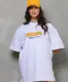 kadın Bisiklet Yaka Baskılı Oversize T-Shirt - Beyaz