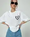 Kadın Bisiklet Yaka Baskılı Oversize T-Shirt - Beyaz