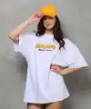 kadın Bisiklet Yaka Baskılı Oversize T-Shirt - Beyaz