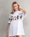 kadın Bisiklet Yaka Baskılı Oversize T-Shirt - Beyaz