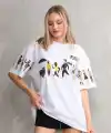 kadın Bisiklet Yaka Baskılı Oversize T-Shirt - Beyaz