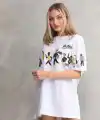 kadın Bisiklet Yaka Baskılı Oversize T-Shirt - Beyaz