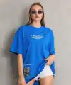 kadın Bisiklet Yaka Baskılı Oversize T-Shirt - Mavi