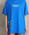 kadın Bisiklet Yaka Baskılı Oversize T-Shirt - Mavi