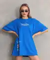 kadın Bisiklet Yaka Baskılı Oversize T-Shirt - Mavi