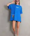 kadın Bisiklet Yaka Baskılı Oversize T-Shirt - Mavi