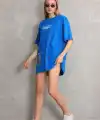 kadın Bisiklet Yaka Baskılı Oversize T-Shirt - Mavi