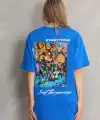 kadın Bisiklet Yaka Baskılı Oversize T-Shirt - Mavi