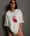 kadın Bisiklet Yaka Boks Eldiven Baskılı Oversize T-Shirt - Beyaz
